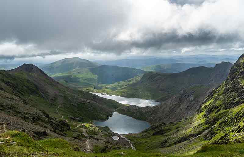 Landscape of Glaslyn and Llyn Llydaw in Snowdonia with Glyder Fawr in the background.