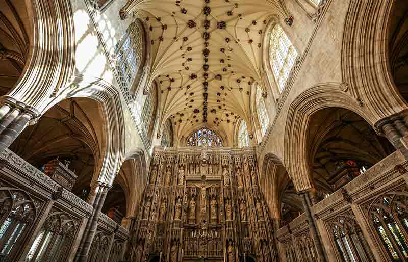 Vaulted ceiling and the intricately carved chancel.